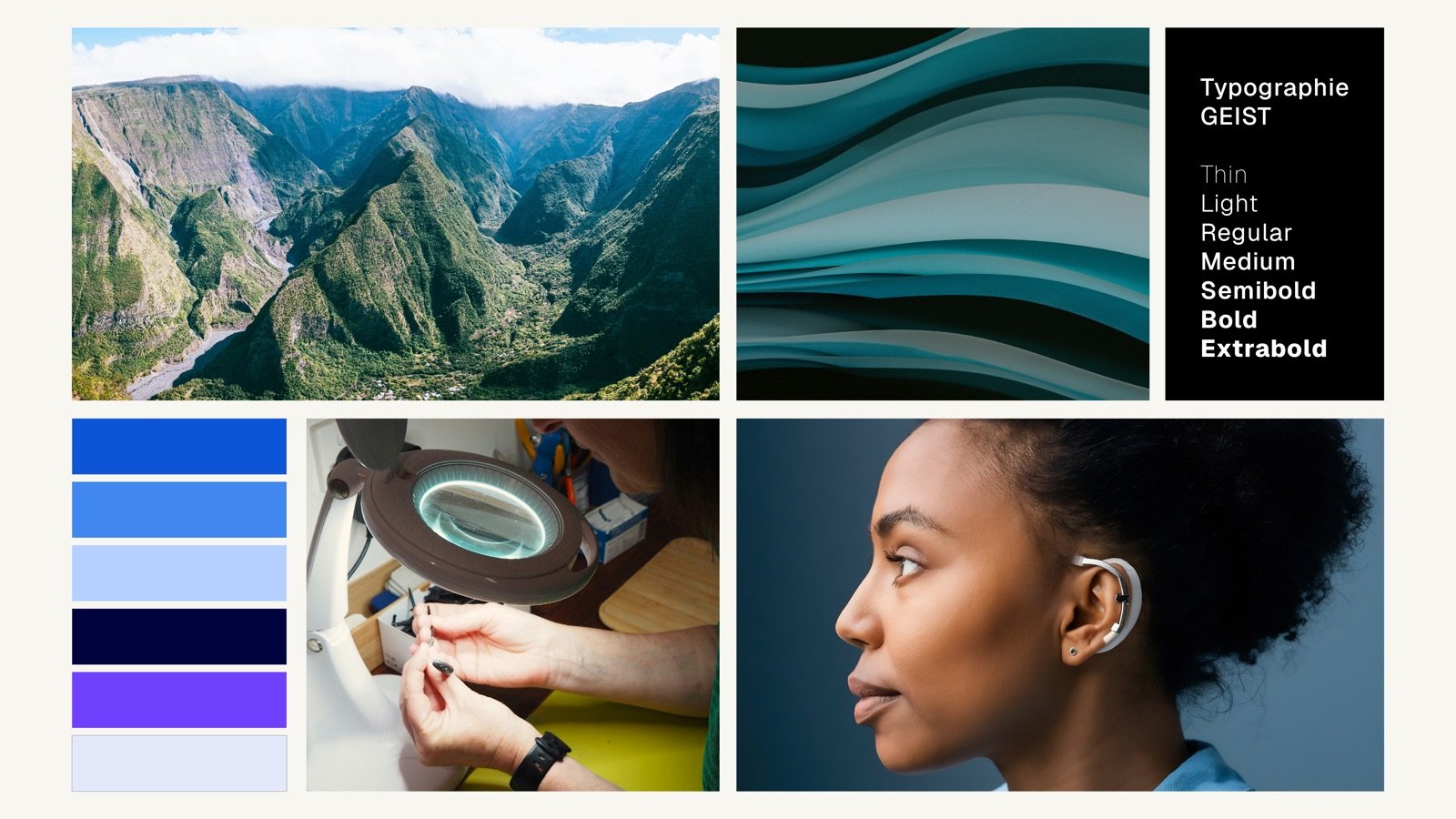 Moodboard de l'identité visuelle Tampon Audition : montagnes de La Réunion, palette de bleus et appareillage auditif