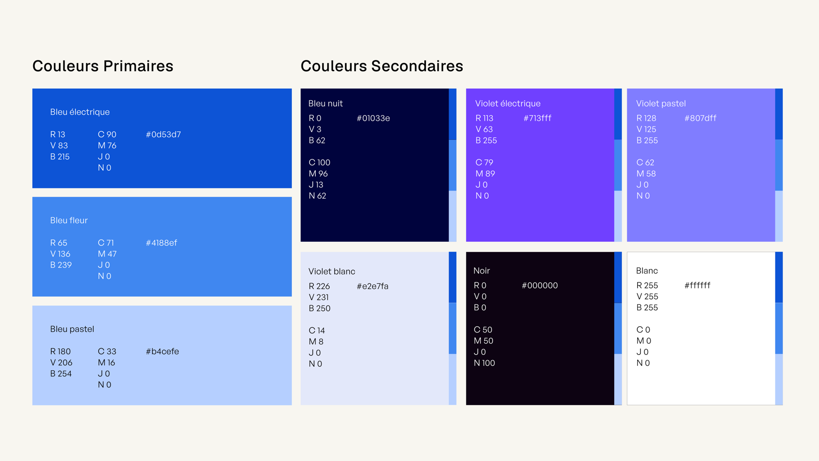 Palette de couleurs de la marque Tampon Audition, du bleu électrique au bleu pastel