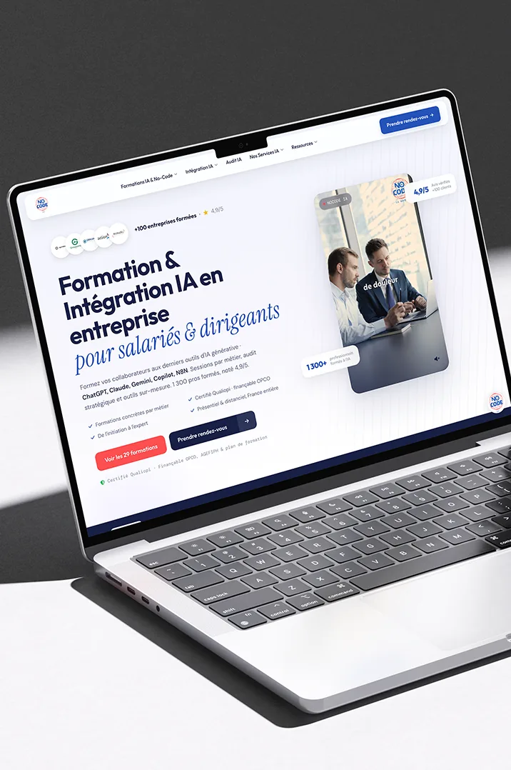 Site de formation NOCODE IA affiché sur un ordinateur portable